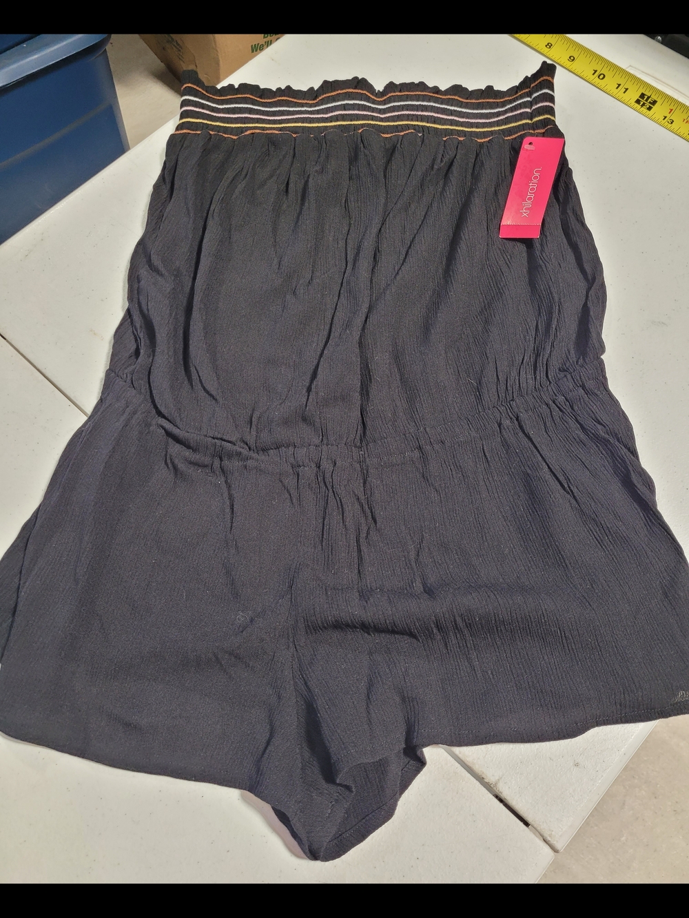 Xhilaration Black Strapless Romper with Multicolor Stripe Waistband